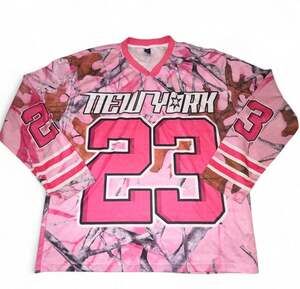 ROMWE Men's Pink Camo Long Sleeve V-Neck Football Jersey Style T-Shirt